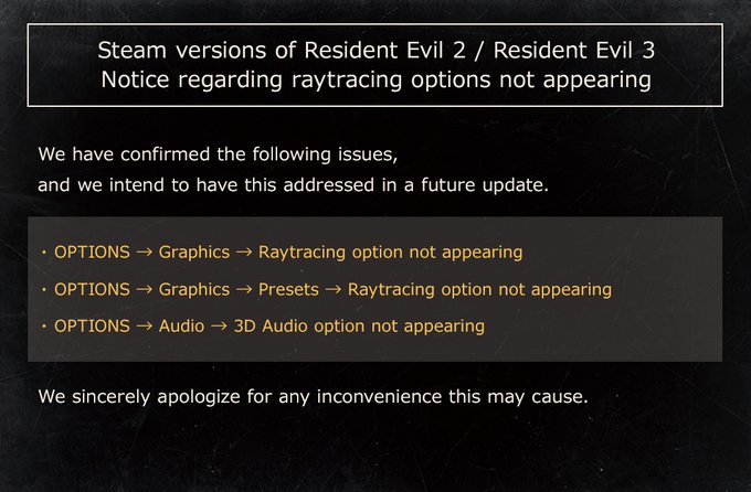 Capcom prepara un parche para corregir las opciones de trazado de rayos eliminadas de Resident Evil 2 y 3 en Steam